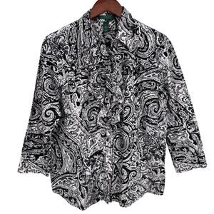 Ralph Lauren Womens Sz Large Black White Formal Ruffles Blouse Shirt Top Dinner
